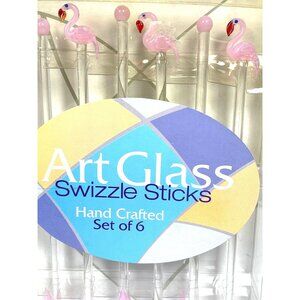 Handcrafted Art Glass Pink Flamingo Swizzle Sticks Cocktail Barware Set Of 6